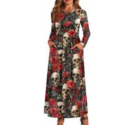 xixirimido Maxi abito da donna a maniche lunghe con scollo rotondo | Abito fluido ad asciugatura rapida Plus Size girocollo elastico in vita alla caviglia con due tasche laterali per l'uso