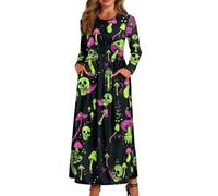 xixirimido Maxi abito da donna a maniche lunghe, scollo rotondo | Vestito traspirante a linea taglie forti con due tasche laterali abito elastico in vita per l'uso quotidiano