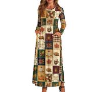 xixirimido Maxi abito da donna a maniche lunghe, scollo rotondo | Vestito traspirante a linea taglie forti con due tasche laterali abito elastico in vita per l'uso quotidiano