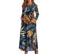 xixirimido Maxi abito da donna a maniche lunghe, scollo rotondo | Vestito traspirante a linea taglie forti con due tasche laterali abito elastico in vita per l'uso quotidiano