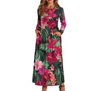 xixirimido Maxi abito da donna a maniche lunghe, scollo rotondo | Vestito traspirante a linea taglie forti con due tasche laterali abito elastico in vita per l'uso quotidiano