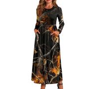 xixirimido Maxi abito da donna a maniche lunghe, scollo rotondo | Vestito traspirante a linea taglie forti con due tasche laterali abito elastico in vita per l'uso quotidiano