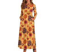 xixirimido Maxi abito da donna a maniche lunghe, scollo rotondo | Vestito traspirante a linea taglie forti con due tasche laterali abito elastico in vita per l'uso quotidiano