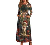 xixirimido Maxi abito da donna a maniche lunghe, scollo rotondo | Vestito traspirante a linea taglie forti con due tasche laterali abito elastico in vita per l'uso quotidiano
