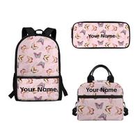 xixirimido Personalizzato 3 Pcs Zaino Set con Lunch Bag Pencil Case Aggiungi il Tuo Nome Personalizzato Scuola Borse Libro, farfalla rosa, Taglia unica, Zaino casual