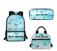 xixirimido Personalizzato 3 Pcs Zaino Set con Lunch Bag Pencil Case Aggiungi il Tuo Nome Personalizzato Scuola Borse Libro, Farfalla blu., Taglia unica, Zaino casual