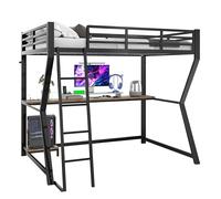xixiworkshop Letto a soppalco da 90 x 200 cm, luce d'atmosfera telecomandata, ripiano per console per computer, scrivania, presa + USB, ringhiera, scale, bianco/nero, senza materasso (nero, 90 x 200