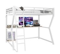 xixiworkshop Letto a soppalco da 90 x 200 cm, luce d'atmosfera telecomandata, ripiano per console per computer, scrivania, presa + USB, ringhiera, scale, bianco/nero, senza materasso (bianco, 90 x 200
