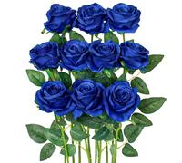 XIZHI 10 rose artificiali singole in seta, realistiche, bouquet di rose finte per casa, matrimoni, addio al nubilato, feste (blu)