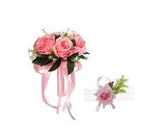 XIZHI Bouquet da sposa con fiore di rosa artificiale da polso, per damigella d'onore, nastro di seta sintetica, per matrimoni, San Valentino, feste, balli scolastici (rosa)