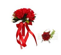 XIZHI Bouquet da sposa con fiori artificiali con rosa sul polso, per damigella d'onore, nastro di seta sintetica, per matrimoni, San Valentino, feste, balli di fine anno (rosso)