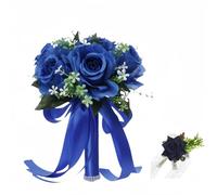 XIZHI Bouquet da sposa con fiori artificiali con rosa sul polso, per damigella d'onore, nastro di seta sintetica, per matrimoni, San Valentino, feste, balli studenteschi (blu reale)