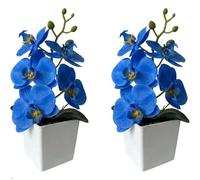 XIZHI Confezione da 2 orchidee artificiali con vaso, 25,4 cm, bonsai, fiori di seta, orchidea farfalla, con vaso, per matrimoni, ufficio, casa, centrotavola interni (blu)