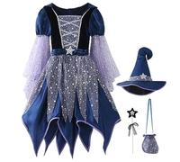 XJKLBYQ Costume da stregone per ragazze, abito da stregone malva con cappello, bacchetta di magie e borsa per le caramelle per decorazioni per feste di Halloween (130 cm)