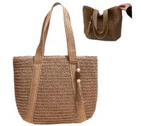 XJKLBYQ Sacca di Paglia di capacità di Paglia Sale Sale con Nappe ＆ Cerniera Liscia, Borsetta Estiva Intrecciata per Le Vacanze in Spiaggia all'aperto Kaki, Tote