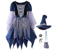 XJKLBYQ Set di costumi da stregone per ragazze, vestito da festa del cosplay di Halloween, abito da stregone malvagio con cappello, bacchetta di magie e borsa per caramelle (110 cm)