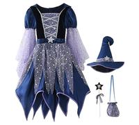 XJKLBYQ Set di costumi da stregone per ragazze, vestito da festa del cosplay di Halloween, abito da stregone malvagio con cappello, bacchetta di magie e borsa per caramelle (120 cm)