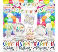 XJLANTTE 152 Pezzi Articoli per Feste Arcobaleno - Palloncini Colorati, Striscione a Pois, Piatti, Tovaglioli, Tazze e Tovaglia per Coriandoli Bambini Decorazioni per Feste, Serve 20 Ospiti, Set 02