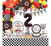 XJLANTTE 186 pezzi di decorazioni per due auto da corsa veloci: palloncini per auto da corsa, striscioni, piatti, tovaglioli, tazze, decorazioni per torte, tovaglie, per 20 ospiti (due set veloci)