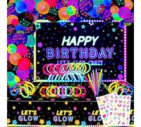 XJLANTTE 192 PCS Neon Glow Birthday Party Supplies - Glow in The Dark Birthday Backdrop Banner, Let's Glow Tovaglia, Palloncini al neon, Tatuaggio temporaneo, Bastoncini luminosi