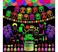 XJLANTTE 83 Pezzi Forniture per Feste di Compleanno al Neon - Palloncini al Neon, Puntelli per Photo Booth Reattivi alla Luce Nera UV e Decorazioni per Feste Glow Toppers per Torta (Set 03)