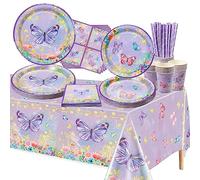 XJLANTTE Decorazioni di compleanno a farfalla - 106 pezzi Farfalle viola Decorazioni per feste Piatti a farfalla, tovaglioli, tazze, tovaglie e cannucce di carta, servire 20