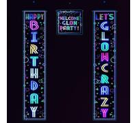 XJLANTTE Decorazioni per feste al neon fluorescenti - Striscione per porta a tema Happy birthday glow in the dark, cartello per portico, sfondo fotografico a luce nera, cartello luminoso per porta-01