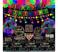 XJLANTTE Forniture per Feste al Neon Bagliore - Palloncino al Neon, Striscione di Buon Compleanno Bagliore nel Buio, Vortici Appesi, Tovaglia, Piatti per Decorazioni per Feste, per 20 Ospiti