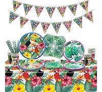 XJLANTTE Forniture per feste hawaiane Luau - Banner di compleanno tropicale, piatti di carta Tucano, tovaglioli, tazze, tovaglie e cannucce di carta per la festa estiva Aloha, serve 20 ospiti (01)