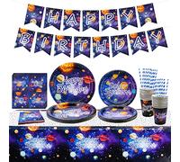XJLANTTE Forniture per feste nello spazio esterno - Striscione di buon compleanno a tema pianeta galassia del sistema solare, tazza e tovaglia per decorazioni per feste per ragazzi, per 20 ospiti