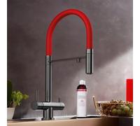 XJTNLB Miscelatore Cucina 3 Vie Acciaio Inox Grigio+Rosso Rubinetto Tre Vie con Doccetta Estraibile Miscelatore Cucina con Doccetta Estraibile
