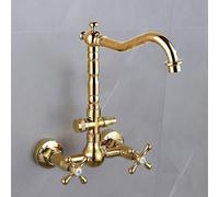 XJTNLB Miscelatore Lavabo Bagno Alto Vintage Rubinetto da Muro Oro, Rubinetti Cucina Parete Rubinetto Lavandino Bagno 2 Manopole con Attacco Lavastoviglie
