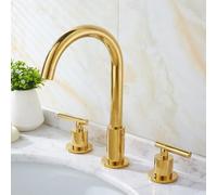 XJTNLB Miscelatore Lavabo Bagno Moderno 3 Fori Oro Rubinetto Bagno Lavabo 2 Manopole Collo di Cigno Rubinetti Acqua Calda e Fredda in Ottone