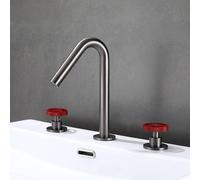 XJTNLB Rubinetto Bagno Lavabo 3 Fori Miscelatore Moderno Grigio Girevole a 360° Rubinetti con 2 Manopole Bagno Rosso Rubinetti Acqua Calda e Fredda