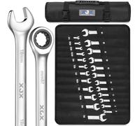 XJX Set di chiavi combinate a cricchetto da 24 pezzi | SAE & metriche | 12 punti | 1/4 pollici a 7/8 pollici e 8-19 mm | acciaio CR-V | Set di chiavi a cricchetto con custodia portatile
