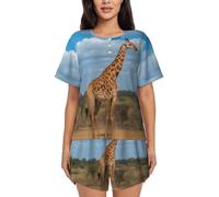 XKBFKLKMC Pigiama da donna con giraffa sotto l'albero in Africa, a maniche corte, estivo, girocollo, casual, largo, abbigliamento da notte, con coulisse con tasca, S-4XL, 3D, S