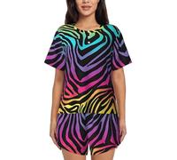 XKBFKLKMC Set pigiama da donna a maniche corte con zebra arcobaleno colorato, pigiama estivo, scollo rotondo, abbigliamento da notte casual, abbigliamento da notte, coulisse con tasca, S-4XL, 3D, S