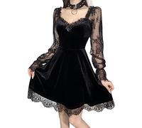 XKBHYD Abito Corto in Pizzo Gotico in Velluto, A Maniche Corte, Scollo a V, Sexy, Abito per Halloween, Festa in Stile Cocktail, Casual, Mini Abito, Nero , XL