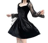 XKBHYD Abito gotico, da donna, in velluto, patchwork, a maniche lunghe, per Halloween, con scollo a V, maniche a sbuffo, mini abito da festa, Nero , XL