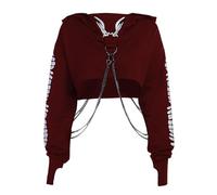 XKBHYD Gothic Punk Cool Girl Drago, maglietta a maniche lunghe, con bretelle da donna, scollo rotondo, nero, crop top autunno, B Borgogna, M