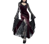 XKBHYD Maxi abito da donna gotico da fata, vintage, a maniche lunghe, in velluto, stile Harajuku, abito da strega, vino, M