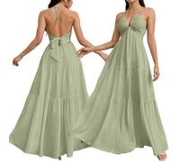 XKrmp 2026 Womens Summer Halter V-Neck Maxi Dress Boho Backless Flowy Beach Sundress Adjustable Tie Ruffle Hem (Light Green,XXL)