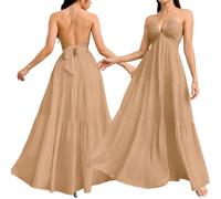 XKrmp 2026 Womens Summer Halter V-Neck Maxi Dress Boho Backless Flowy Beach Sundress Adjustable Tie Ruffle Hem (Khaki,XXL)