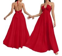 XKrmp 2026 Womens Summer Halter V-Neck Maxi Dress Boho Backless Flowy Beach Sundress Adjustable Tie Ruffle Hem (Red,L)