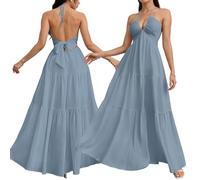XKrmp 2026 Womens Summer Halter V-Neck Maxi Dress Boho Backless Flowy Beach Sundress Adjustable Tie Ruffle Hem (Sky Blue,XL)
