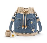 XKrmp Denim Crochet Bucket Bag - Drawstring Crossbody Purse with Pockets, Adjustable Strap,Women Vintage Hobo Handbag (BLUE)
