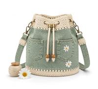 XKrmp Denim Crochet Bucket Bag - Drawstring Crossbody Purse with Pockets, Adjustable Strap,Women Vintage Hobo Handbag (GREEN)