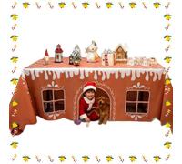 XKrmp Gingerbread Playhouse Tablecloth with Open Back Table Tent and Playful Cut-Out Windows, Reusable Large Table Cover for Christmas Gingerbread Playhouse Celebrations (M)