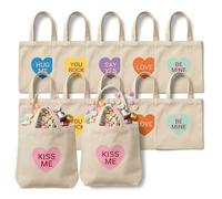XKrmp Mini Conversation Heart Canvas Bags 6/12 Pack - Reusable Valentine's Day Tote for Kids Classroom Exchange & Party Gifts (12 Pcs)