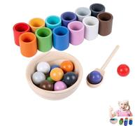 XKrmp Rainbow Balls in Cups Montessori Toys for Toddlers 1-3 - Color Sorting And Stacking Educational Game with Wooden Rainbow Balls for Preschool Learning (12 Cup & Balls)